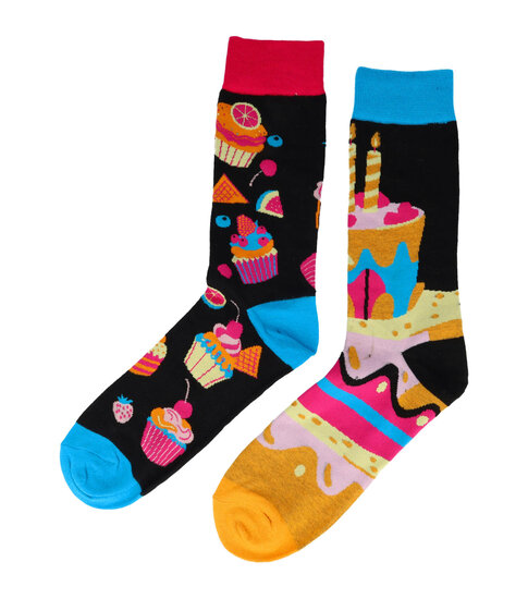 2124272025 Sokken Katoen - Feest Taart Print - Zwart Roze Blauw - Maat 38-45
