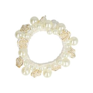 Haarelastiek – Bedekt met Parelkralen & Roos Bloemenkralen – Goud Wit