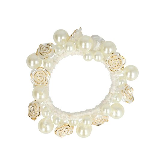 2125649952 Haarelastiek – Bedekt met Parelkralen & Roos Bloemenkralen – Goud Wit