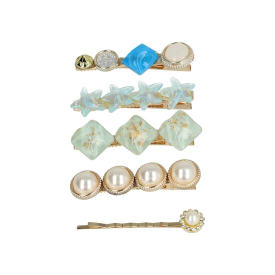 2128933635 Haarspeld Duckklemmen & Schuifspeldje 6cm – Cirkel Vierkant Ster – Goud Creme Blauw – Set van 5