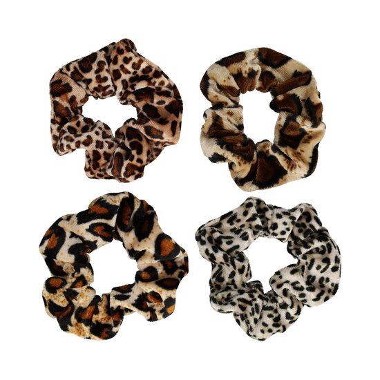 2137062561 Haarelastiek Scrunchie – Panterprint – Velvet Stof – Bruin – Set van 4
