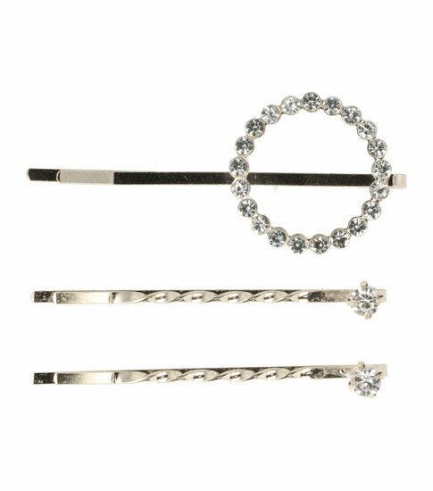 2144809539 Haarspeld schuifspeldjes - Cirkel strass steentjes 5cm - Zilver - Set van 3