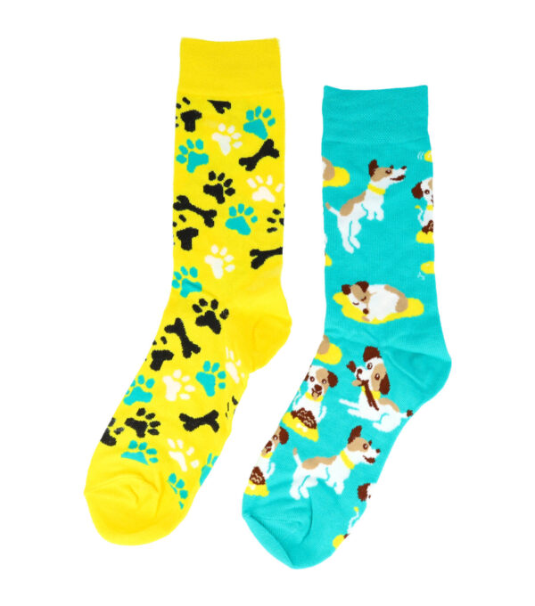 2368-FUNNY_8 Sokken Katoen - Honden Print - Blauw Geel - Maat 38-45