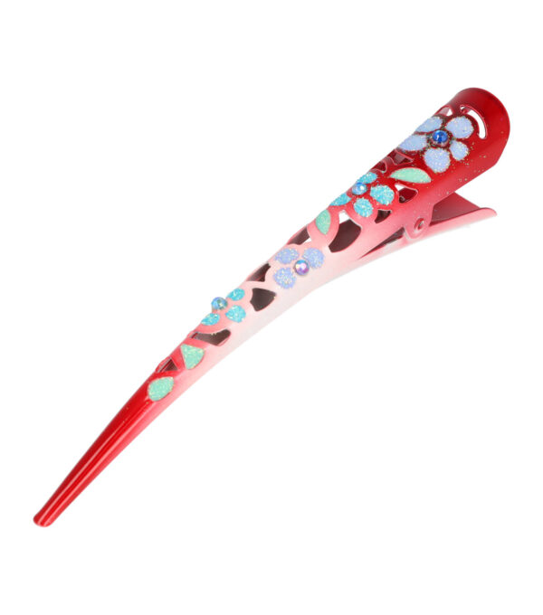 AC1901008_13 Haarspeld Duckklem 13cm – Basic – Opengewerkt Glitter Bloemenprint – Metaal – Rood