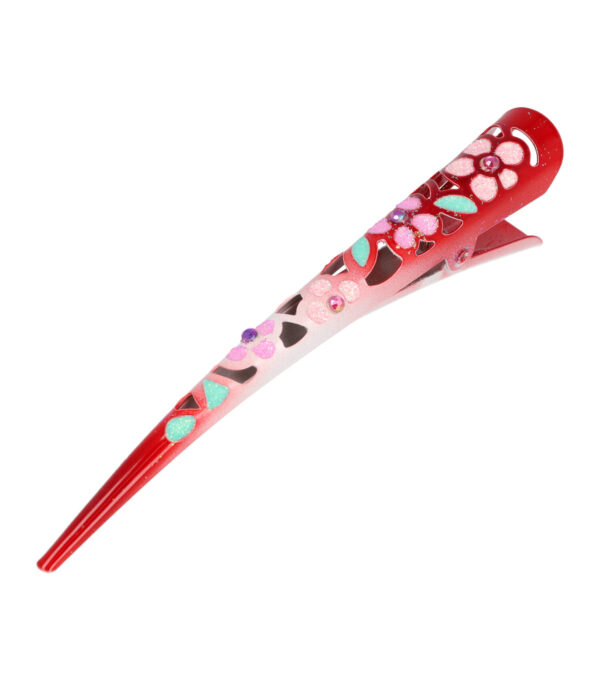 AC1901008_14 Haarspeld Duckklem 13cm – Basic – Opengewerkt Glitter Bloemenprint – Metaal – Rood