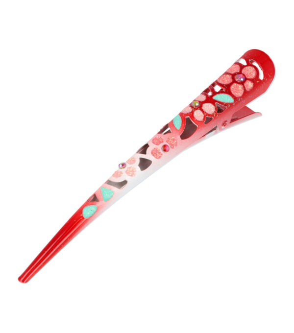 AC1901008_15 Haarspeld Duckklem 13cm – Basic – Opengewerkt Glitter Bloemenprint – Metaal – Rood