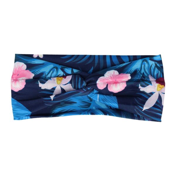 haarband tropische bloemen_11 Haarband Twist 9cm – Tropische Bloemenprint – Jersey Stof – Blauw