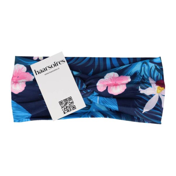 haarband tropische bloemen_12 Haarband Twist 9cm – Tropische Bloemenprint – Jersey Stof – Blauw