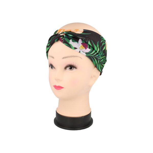 haarband tropische bloemen_3 Haarband Twist 9cm – Tropische Bloemenprint – Jersey Stof – Zwart