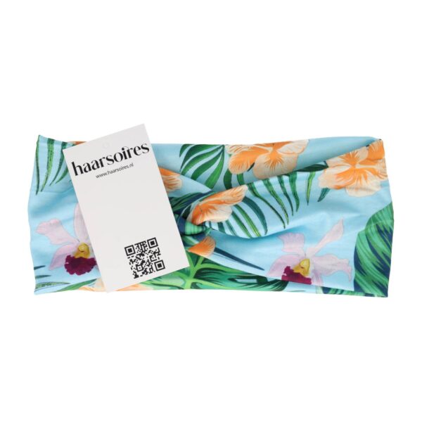 haarband tropische bloemen_6 Haarband Twist 9cm – Tropische Bloemenprint – Jersey Stof – Lichtblauw