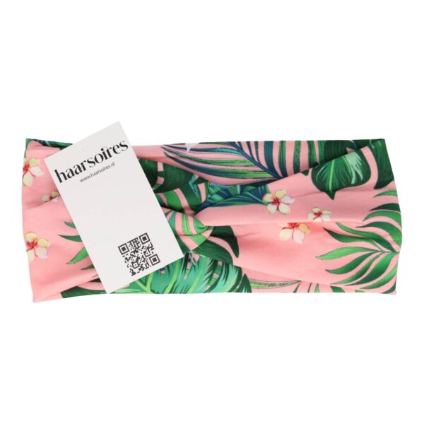 haarband tropische bloemen_8 Haarband Twist 9cm – Tropische Bloemenprint – Jersey Stof – Roze