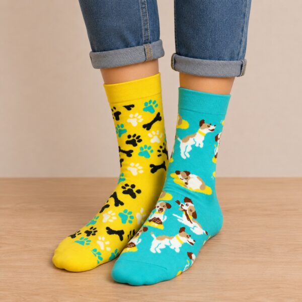 sokken-hond-geel-blauw Sokken Katoen - Honden Print - Blauw Geel - Maat 38-45