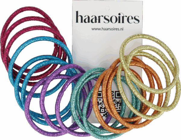 2159766666 Haarelastieken basic - Glitter metallic zonder metaal - Rood blauw paars groen oranje geel - Set van 18