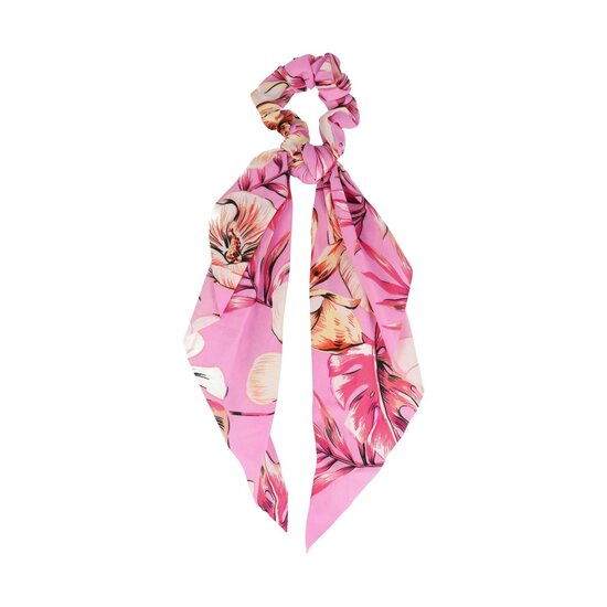 2162007417 Haarelastiek Scrunchie – Bloemenprint – 25cm Linten – Gladde Stof – Beige Roze