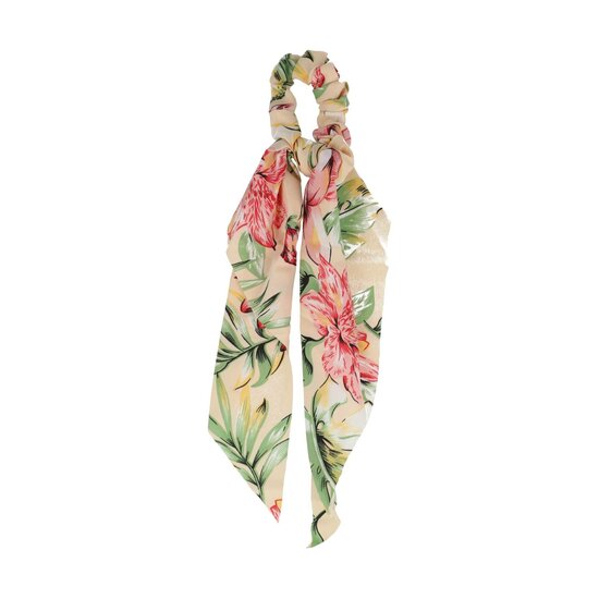 2162015454 Haarelastiek Scrunchie – Bloemenprint – 25cm Linten – Gladde Stof – Roze Groen Creme
