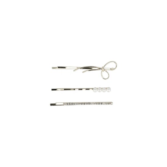 2177852832 Haarspeld schuifspeldjes - Strikje parel steentjes 6cm - Zilver - Set van 3