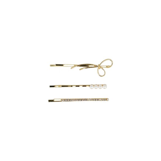 2177922150 Haarspeld schuifspeldjes - Strikje parel steentjes 6cm - Goud - Set van 3