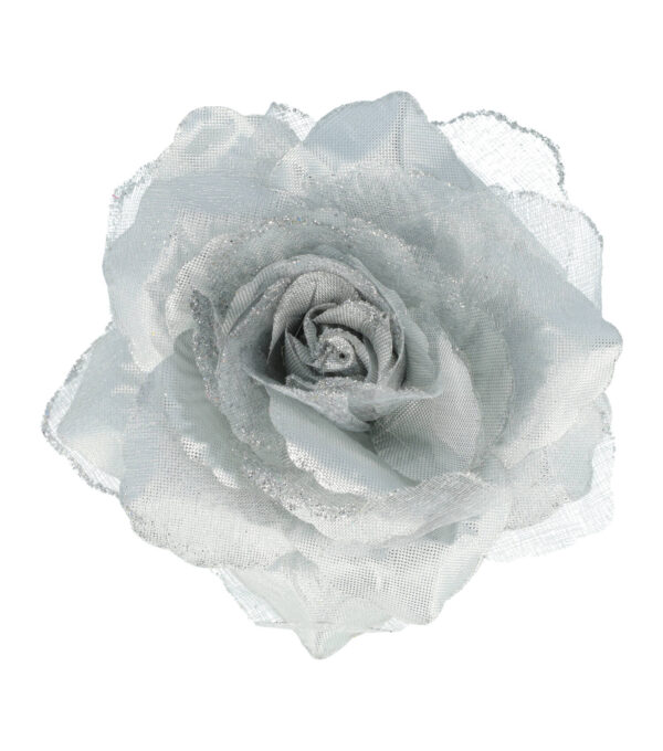 26403_1 Haarspeld Duckklem, Broche & Elastiek 10cm – Haarbloem Roos met Glitter – Zilver