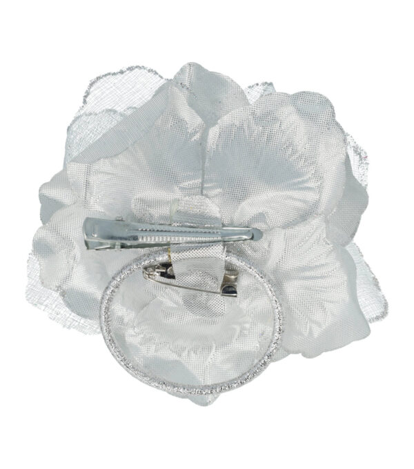 26403_2 Haarspeld Duckklem, Broche & Elastiek 10cm – Haarbloem Roos met Glitter – Zilver