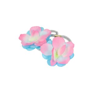 Haarelastieken – Bloem 5cm – Glitter Elastiek en Stoffen Bloemvorm – Zilver Blauw Roze – Set van 2