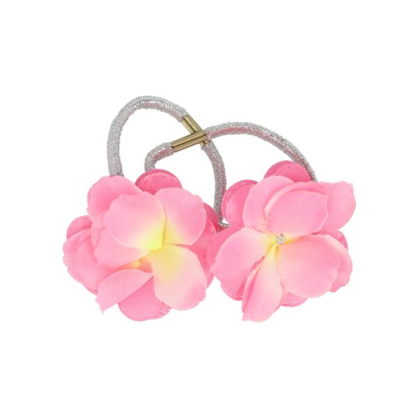 HAARELASTIEK STOFFEN BLOEM GLITTER ELASTIEK_10 Haarelastieken – Bloem 5cm – Glitter Elastiek en Stoffen Bloemvorm – Zilver Roze – Set van 2