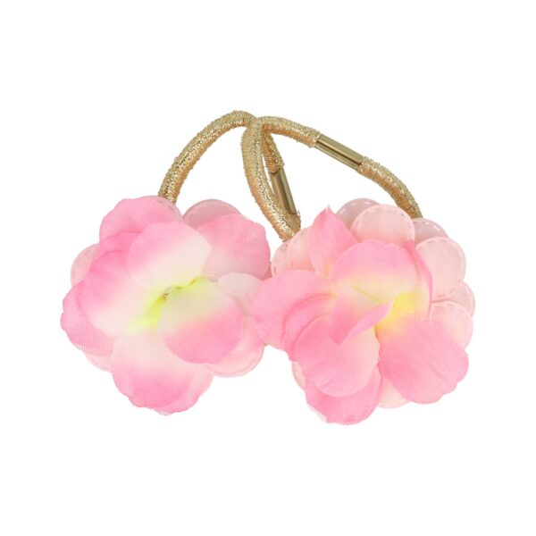 HAARELASTIEK STOFFEN BLOEM GLITTER ELASTIEK_11 Haarelastieken – Bloem 5cm – Glitter Elastiek en Stoffen Bloemvorm – Goud Roze – Set van 2