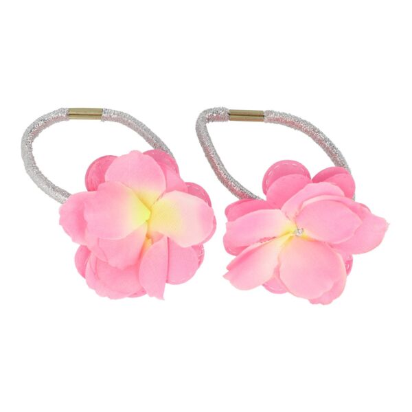 HAARELASTIEK STOFFEN BLOEM GLITTER ELASTIEK_11 Haarelastieken – Bloem 5cm – Glitter Elastiek en Stoffen Bloemvorm – Zilver Roze – Set van 2