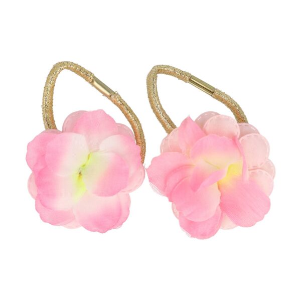 HAARELASTIEK STOFFEN BLOEM GLITTER ELASTIEK_12 Haarelastieken – Bloem 5cm – Glitter Elastiek en Stoffen Bloemvorm – Goud Roze – Set van 2