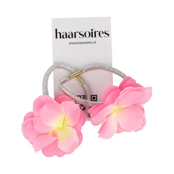 HAARELASTIEK STOFFEN BLOEM GLITTER ELASTIEK_12 Haarelastieken – Bloem 5cm – Glitter Elastiek en Stoffen Bloemvorm – Zilver Roze – Set van 2