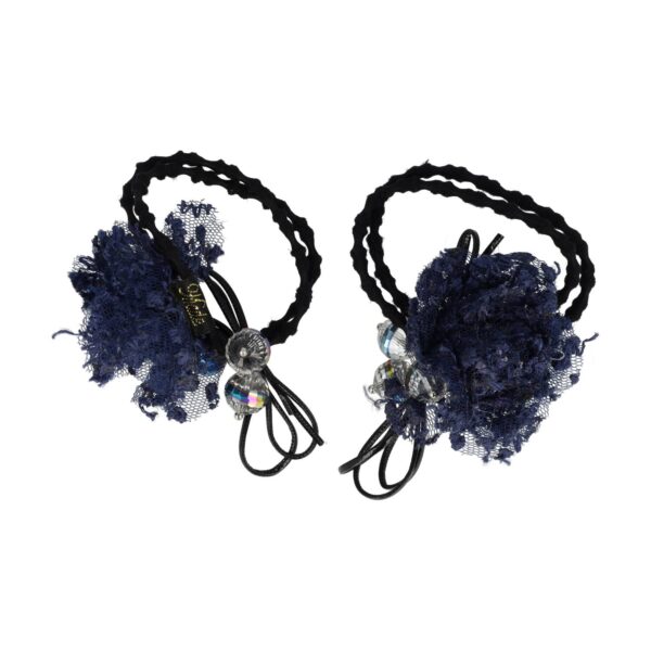elastiek bloem facet kraal_1 Haarelastieken – Bloem 4cm – Kanten Stof & Facetkralen – Zwart Blauw – Set van 2