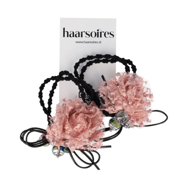 elastiek bloem facet kraal_10 Haarelastieken – Bloem 4cm – Kanten Stof & Facetkralen – Zwart Roze – Set van 2