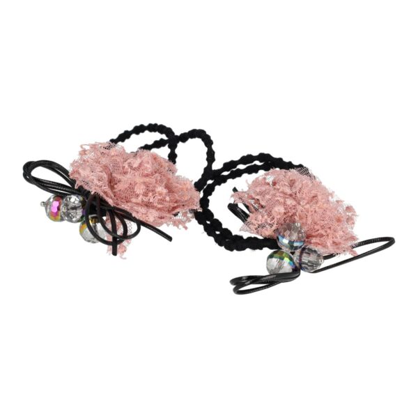 elastiek bloem facet kraal_11 Haarelastieken – Bloem 4cm – Kanten Stof & Facetkralen – Zwart Roze – Set van 2