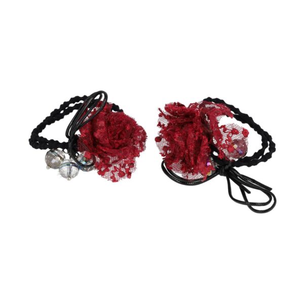 elastiek bloem facet kraal_13 Haarelastieken – Bloem 4cm – Kanten Stof & Facetkralen – Zwart Rood – Set van 2
