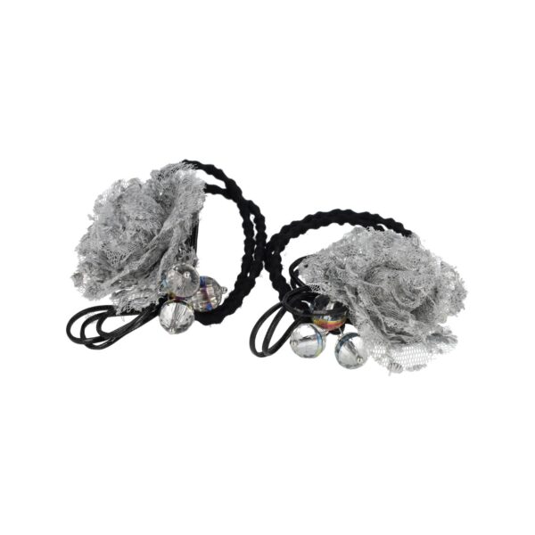 Haarelastieken – Bloem 4cm – Kanten Stof & Facetkralen – Zwart Grijs – Set van 2