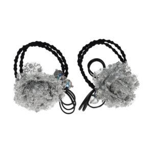 Haarelastieken – Bloem 4cm – Kanten Stof & Facetkralen – Zwart Grijs – Set van 2