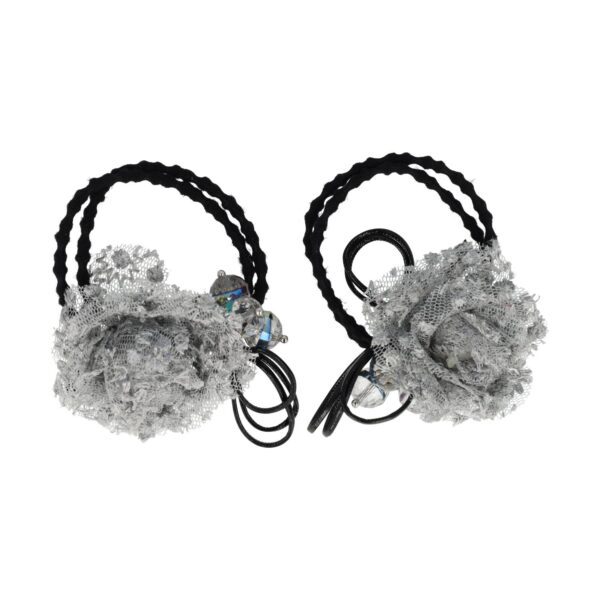 Haarelastieken – Bloem 4cm – Kanten Stof & Facetkralen – Zwart Grijs – Set van 2