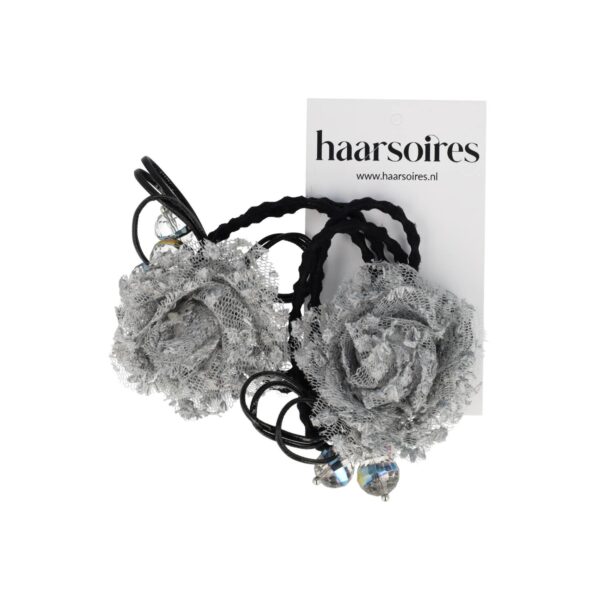 Haarelastieken – Bloem 4cm – Kanten Stof & Facetkralen – Zwart Grijs – Set van 2