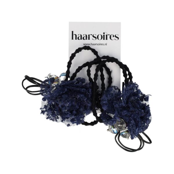 elastiek bloem facet kraal_8 Haarelastieken – Bloem 4cm – Kanten Stof & Facetkralen – Zwart Blauw – Set van 2