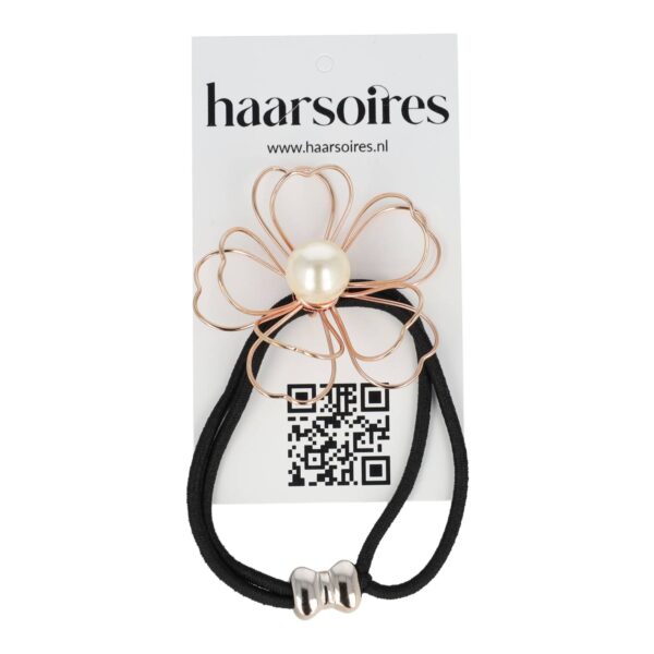 elastiek bloem metaaldraad open zi go ko_1 Haarelastiek – Bloem 5cm – Metaaldraad & Parel – Zwart Wit Koper