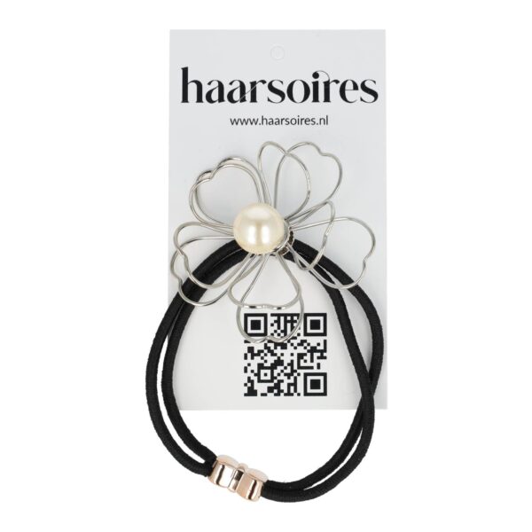 elastiek bloem metaaldraad open zi go ko_2 Haarelastiek – Bloem 5cm – Metaaldraad & Parel – Zwart Wit Zilver