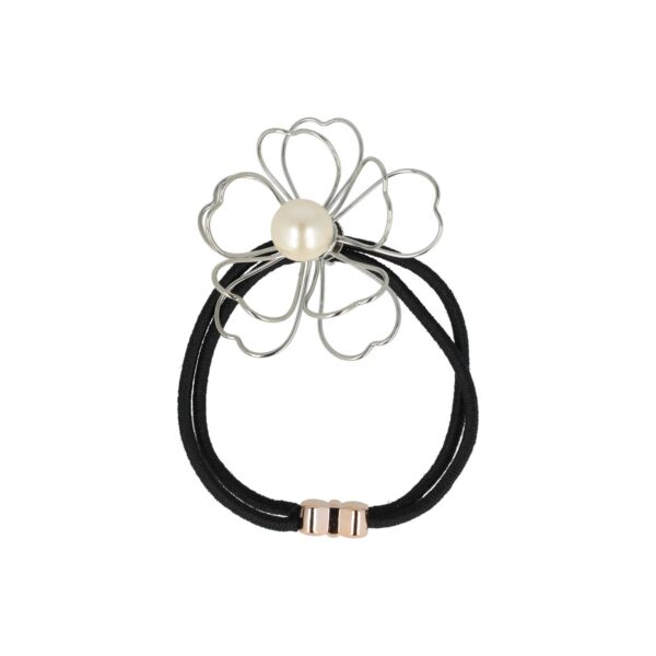 elastiek bloem metaaldraad open zi go ko_3 Haarelastiek – Bloem 5cm – Metaaldraad & Parel – Zwart Wit Zilver