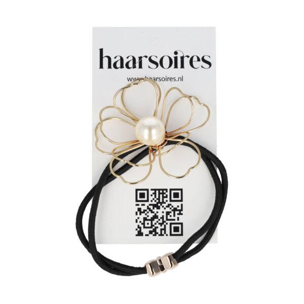 elastiek bloem metaaldraad open zi go ko_6 Haarelastiek – Bloem 5cm – Metaaldraad & Parel – Zwart Wit Goud