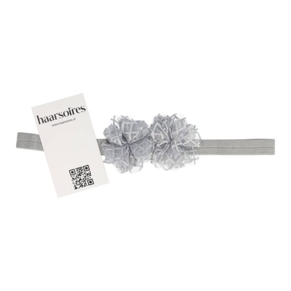 haarband smal dubbele bloem tulle stof grijs roze wit_4 Haarband bloem - Smal tule stof - Grijs