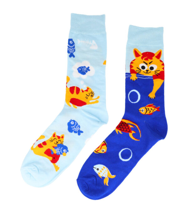 024-socks_3 Sokken katoen - kat vis print - blauw oranje - maat 38-46