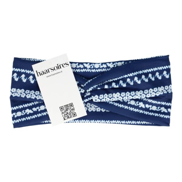 Haarband ibiza pritn stof zwart blauw wit_2 Haarband Twist 9cm – Bloemenprint Ibiza Streep – Jersey Stof – Blauw Wit