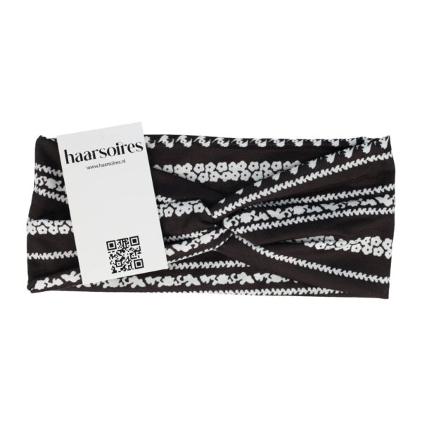Haarband ibiza pritn stof zwart blauw wit_6 Haarband Twist 9cm – Bloemenprint Ibiza Streep – Jersey Stof – Zwart wit