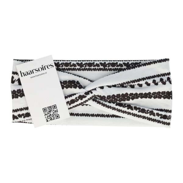 Haarband ibiza pritn stof zwart blauw wit_8 Haarband Twist 9cm – Bloemenprint Ibiza Streep – Jersey Stof – Wit Zwart