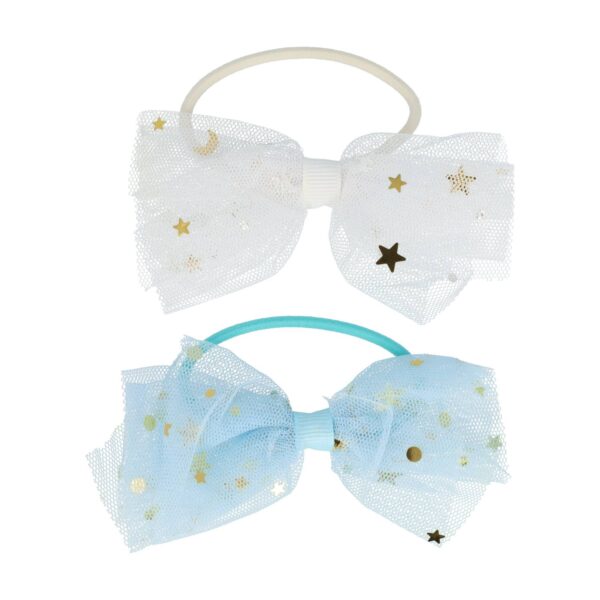 haarelastiek strik duo kleuren_1 Haarelastieken – Strik 9cm – Tule Stof & Glitters – Wit Blauw – Set van 2
