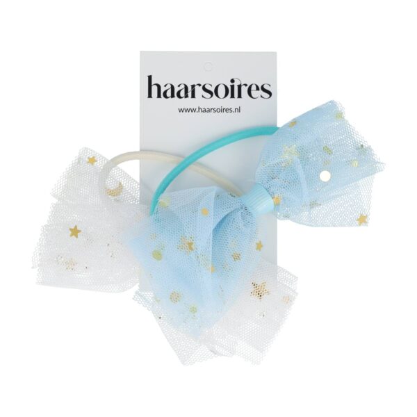 haarelastiek strik duo kleuren_2 Haarelastieken – Strik 9cm – Tule Stof & Glitters – Wit Blauw – Set van 2