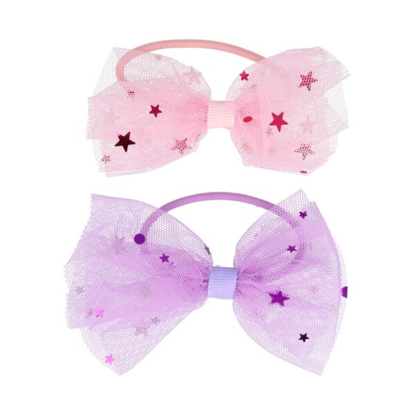 haarelastiek strik duo kleuren_3 Haarelastieken – Strik 9cm – Tule Stof & Glitters – Roze Paars – Set van 2